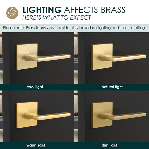 Privacy Lever Door Handle Set For Hallways And Bathrooms Keyless Design Fits All Standard Doors Covered Screws Included Satin Brass Finish 5 Inch Length Easy Install Hardware shown in different lighting conditions.