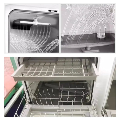 Skip the Sink Fully Automatic Desktop Dishwasher For Home Kitchen Large Capacity Auto Wash System With Triple Filter and Front Loading Design Easy Setup Plumbing Free Hands Off Cleanup Routine showing water spray and interior rack.
