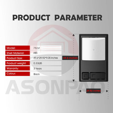 Product parameters for DIY Friendly Wall Mounted Garage Door Opener Control Panel For 1995-2011 Models With Green Red Purple Orange Learn Button, Replaces 78LM/41A5273-1 And Similar Parts, Works With Various Brand Openers, 3 Year Warranty; ABS shell, 49.6x29.92 inches.