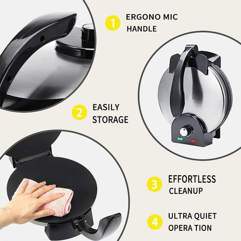 Super Sweet 10 Inch Electric Roti Maker Machine close-up showing ergonomic handle, easy storage design, and nonstick cooking surface.