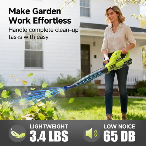 Woman using Cordless Leaf Blower With Dual 4.0Ah Batteries And Charger, 150 MPH Turbo Air on lawn, house in background