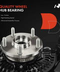 Close-up of a front left steering knuckle and wheel bearing hub assembly for Toyota Highlander 2008-2017 and Lexus RX350 RX450h 2010-2015.