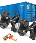 Tough As Nails 8 Lug Shipping Container Wheel Kit featuring beefy cold rolled steel axle and ratchet tie downs with blue container.