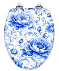 Elongated Blue Peony Floral Chinoiserie Elegant Porcelain Toilet Seat with intricate blue floral design on a white background.