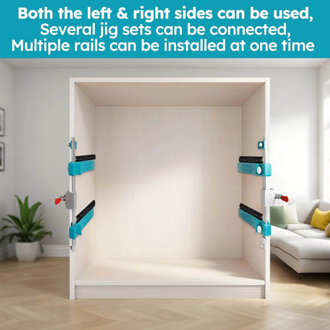 Cabinet installation using Drawer Slide Jig With Toggle Clamp And Magnetic Arm for fast, accurate cabinet and desk installations.