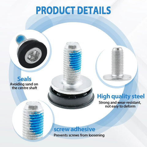 Close-up of Bike Hex Crank Arm Bolts With Caps 8mm Metal Screws showing features like sealing, high-quality steel, and adhesive.