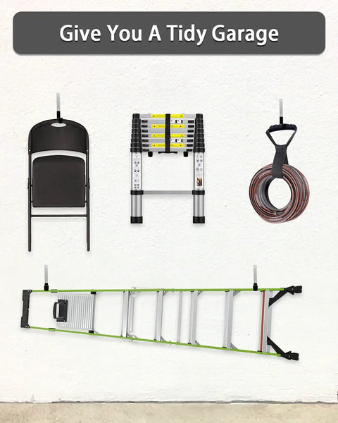 Extra Long 11 Inch Heavy Duty Garage Hooks 4 Pack Wall Mount Hangers with ladder, chair, and rope storage for organization
