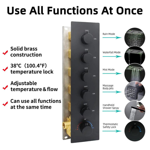 Thermostatic mixer valve with brass construction and adjustable temperature for Sleek Matte Black Ceiling Rain Shower System With 24X32 Inch Led Spray Head, Thermostatic Mixer Valve, Adjustable Body Jets And Three Way Waterfall Mist Spray For A Top Shelf Bathroom Glow Up.