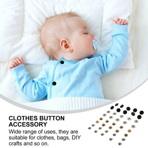Baby wearing blue clothing with black snap buttons from 10 Sets Copper Covered Button Kit For Clothes, Bags, And Coats, DIY Snap Fasteners Replacement, Polished Finish, Durable And Handy To Use Embellishment For Garment Repair, Craft Projects, And Accessories. Bottom of image displays various button kits.