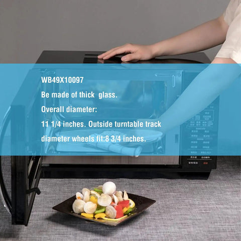 Hand placing food inside microwave with open door, glass turntable labeled WB49X10097 on display