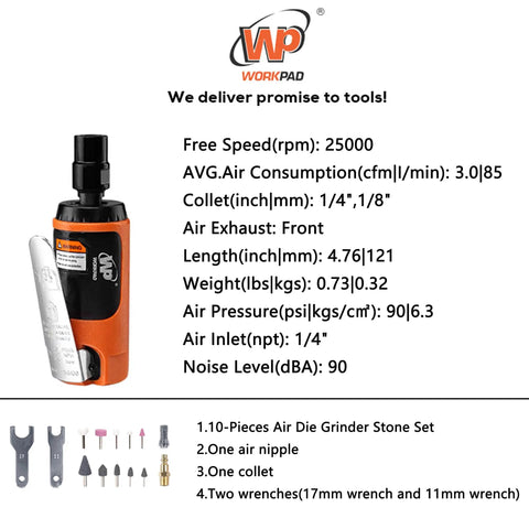 Kickass Mini Air Die Grinder With 10 Piece Ceramic Stone Set 25000 RPM Straight Pneumatic Grinding Tool displayed with specs