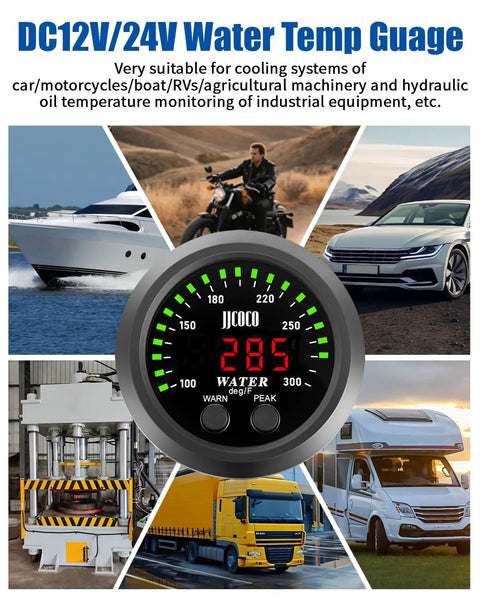 Dual Alert Water Temperature Gauge With 1 Eighth NPT Sensor And Bracket 300F Digital LED Display for cars, boats, trucks, and RVs