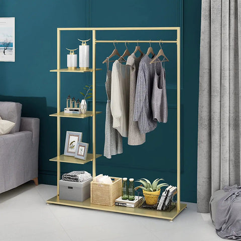 Heavy Duty Portable Metal Clothing Rack With Five Storage Shelves Golden Finish Organizes Any Bedroom Or Apartment Hangs Long Coats And Jeans Rock Solid And Quick Setup