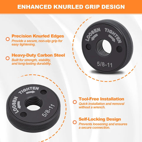 Grab-And-Go 5/8-11 Quick Release Angle Grinder Nuts Self Locking Flange Nut No Wrench Needed, knurled grip, carbon steel