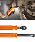 Mechanic using 2-Piece Automatic Slack Adjuster Release Tool Set for Air Brake Systems with orange handles, heavy duty use
