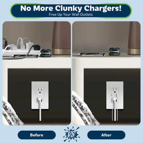 Two Pack In Wall USB Outlet With Type C USB Port And USB A Port For 15 Amp Tamper Resistant Receptacle Charging Power Outlet With Wall Plate Included UL Listed White Finish Ideal For Home And Office installed comparison Before After