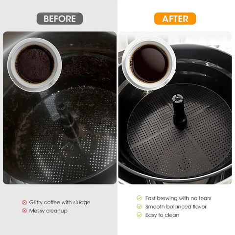 Comparison image showing before and after using Extra Large Percolator Coffee Filters, 100 Count, Pre-Punched Holes For Even Brew And Faster Extraction, No-Fuss Easy Brew, Compatible With Hamilton Beach 45 Cup 40515G 40519G, Great For Catering Home Office.