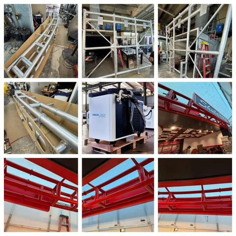 Hardcore 3000W Handheld Laser Welder 4 In 1 Pro Cutting And Cleaning Machine setup in workshop with metal frames and cooling unit.