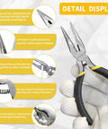 5 Pack Mini Precision Needle Nose Pliers Set With Wire Cutter, Spring Loaded, black finish, detail display features.