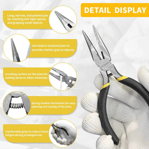 5 Pack Mini Precision Needle Nose Pliers Set With Wire Cutter, Spring Loaded, black finish, detail display features.