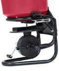 Close-up of Pro Grade Chest Mount Hand Crank Spreader with Even Spread Technology, showing mechanism and part of 40 lb hopper.