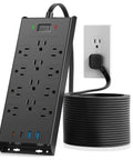Slick Flat Plug Surge Protector Power Strip With Hella Outlets And Fast USB Charging, Long Extension Cord, Matte Black design.