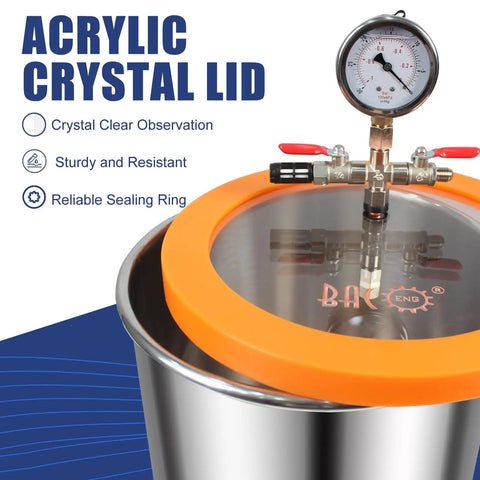Acrylic crystal lid with gauge on top of a stainless steel vacuum chamber for epoxy resin degassing.