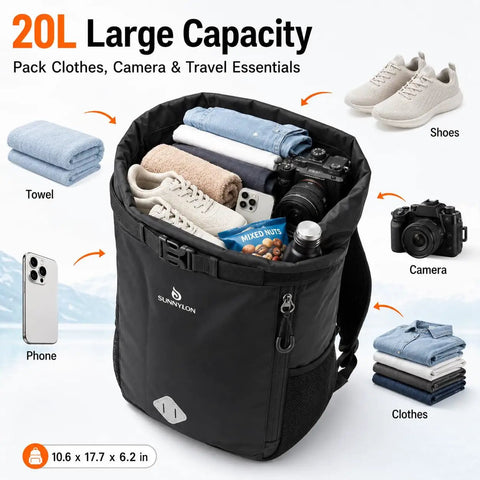 20L Waterproof Dry Bag Backpack with items like shoes, towel, camera, and phone, showcasing storage capacity for outdoor activities.