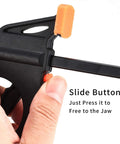 Close-up of 4 Inch Bar Clamps For Woodworking 5 Piece Trigger Quick Grip Clamps with highlighted slide button.