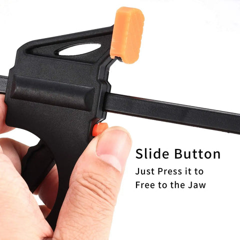 Close-up of 4 Inch Bar Clamps For Woodworking 5 Piece Trigger Quick Grip Clamps with highlighted slide button.