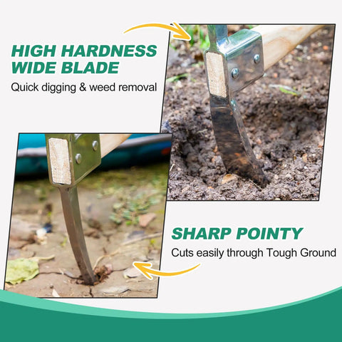 Close-up of Beast Tough As Nails Garden Pickaxe Hoe Mattock with wooden handle digging into soil, showing stainless steel blade.