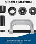 Front view of DASBET 10-piece ball joint press kit with C-frame tool and bushings for automotive suspension