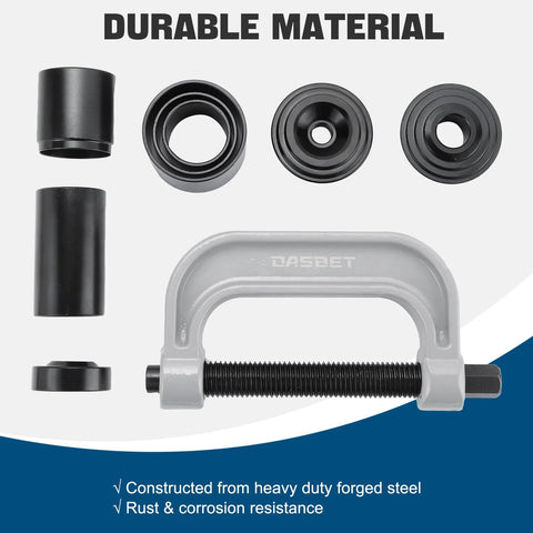 Front view of DASBET 10-piece ball joint press kit with C-frame tool and bushings for automotive suspension