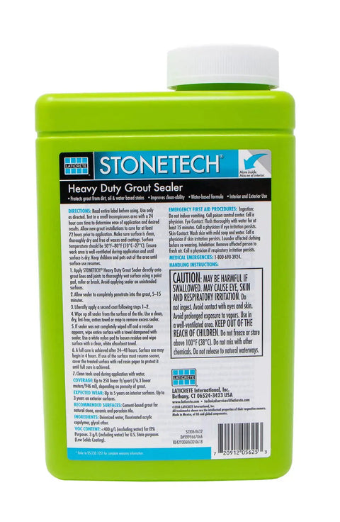Back label of Heavy Duty Grout Sealer For Tough Stains, Water Based Penetrating Sealant That Keeps Grout Looking Fresher Longer, 1 Quart 32 Oz Bottle