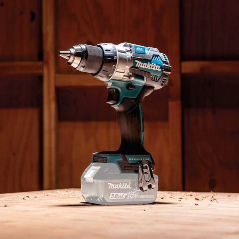 Brushless 18V Cordless Drill Driver With 13Mm Keyless Chuck And Dual Speed Gearing on wooden surface, showing metal gear housing.