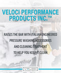 Veloci Performance Products Inc. branding with text on pressure washing accessories, cleaning equipment, and keeping it clean.