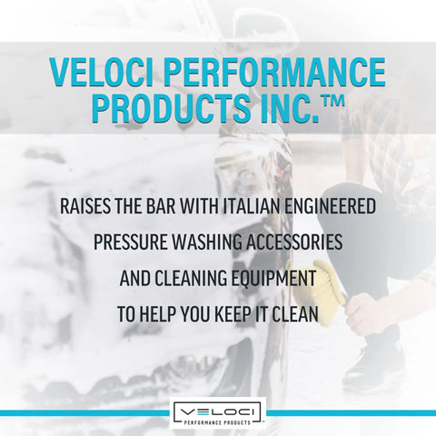 Veloci Performance Products Inc. branding with text on pressure washing accessories, cleaning equipment, and keeping it clean.