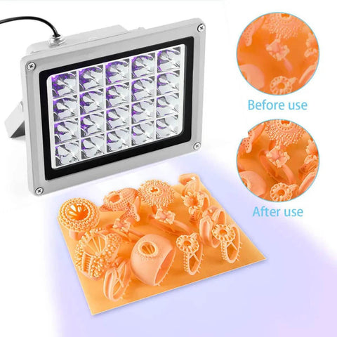 High Power 405nm UV Resin Curing Light For SLA DLP 3D Printers handheld showing before and after resin hardening