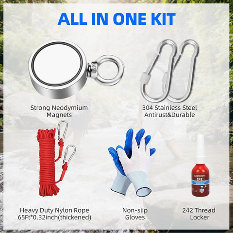 Powerful 1000LBS Double Sided Neodymium Magnet Fishing Kit with 20m rope, protective gloves, and accessories displayed.
