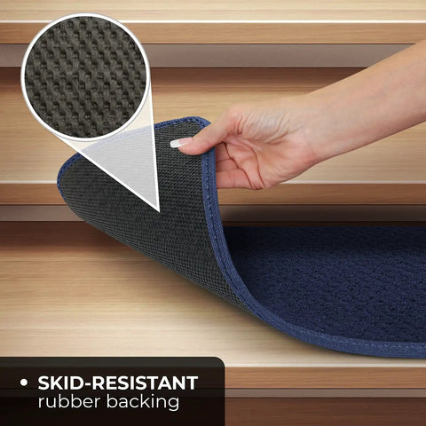 Non Slip Carpet Stair Treads Set Of 15 Navy Blue 8x27 Inches showing skid-resistant rubber backing for safe steps