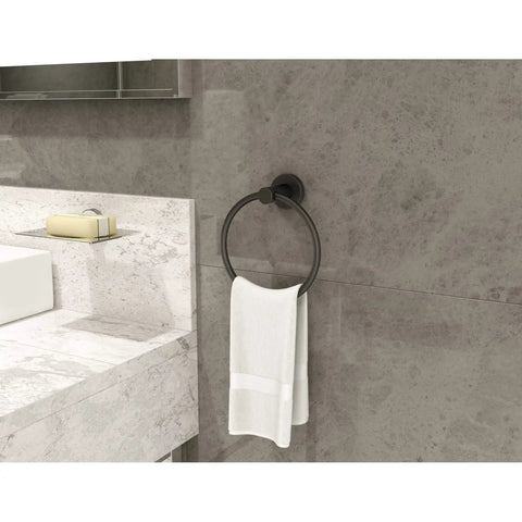Dia 4-Piece Wall Mounted Bathroom Hardware Set In Matte Black With Hand Towel Holder, shown in modern bathroom setting.