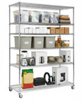 5 Tier Metal Shelving Unit With Wheels And Liners Beefy Heavy Duty Storage Rack filled with kitchen and storage items