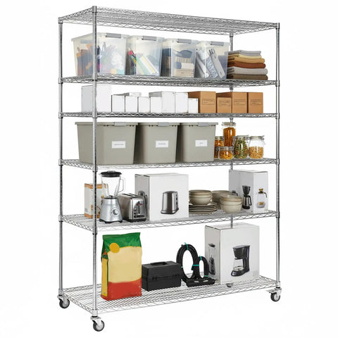 5 Tier Metal Shelving Unit With Wheels And Liners Beefy Heavy Duty Storage Rack filled with kitchen and storage items