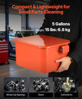 Portable 5 Gallon Steel Parts Washer With Electric Pump, 3.5 Gallon Auto Parts Cleaning Station, Flexible Gooseneck Sprayer For Gears And Carburetors displayed with gears and carburetors.
