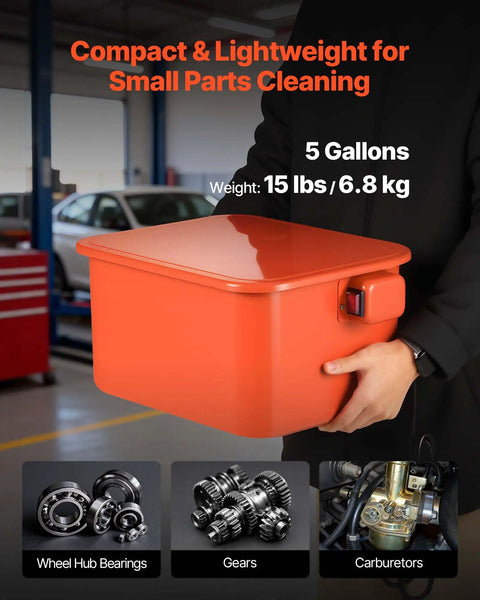 Portable 5 Gallon Steel Parts Washer With Electric Pump, 3.5 Gallon Auto Parts Cleaning Station, Flexible Gooseneck Sprayer For Gears And Carburetors displayed with gears and carburetors.