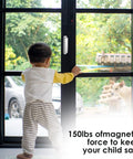 Child looking outside through a glass door held by a 4 Pack 150Lb Heavy Duty Magnetic Door Catches For Cabinets Closets Wardrobes Cupboards Kitchen Bathroom 3.74 Inch Stainless Steel With Screws Keeps Doors Snug And Secure.