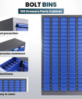Built Like A Tank Heavy Duty 100 Drawer Parts Cabinet Steel Bolt Organizer with blue trays, showcasing rust prevention features.