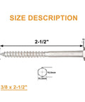Rock Solid Stainless Steel Lag Screws And Bolts 20 Pack 3/8 Inch By 2-1/2 Inch hex head lag bolt with size measurements in inches.