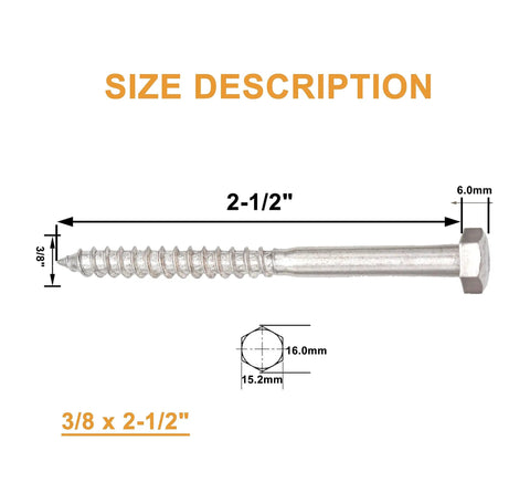 Rock Solid Stainless Steel Lag Screws And Bolts 20 Pack 3/8 Inch By 2-1/2 Inch hex head lag bolt with size measurements in inches.