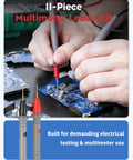 Person using 11 Piece Multimeter Leads Kit With Back Probes And Dual Ended Alligator Clips Crocodile Clips For Electrical Testing And Automotive Diagnostics Best For DIY Electronics And Troubleshooting on a circuit board.